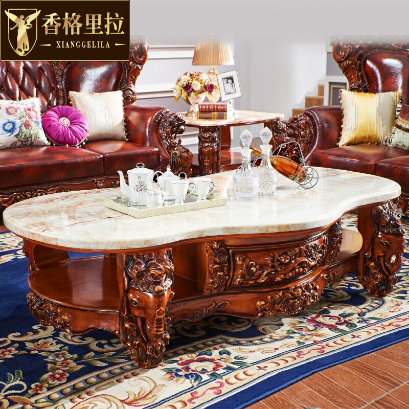 欧式茶几 实木大象雕花美式别墅客厅储物柜橡木大理石台面茶水桌