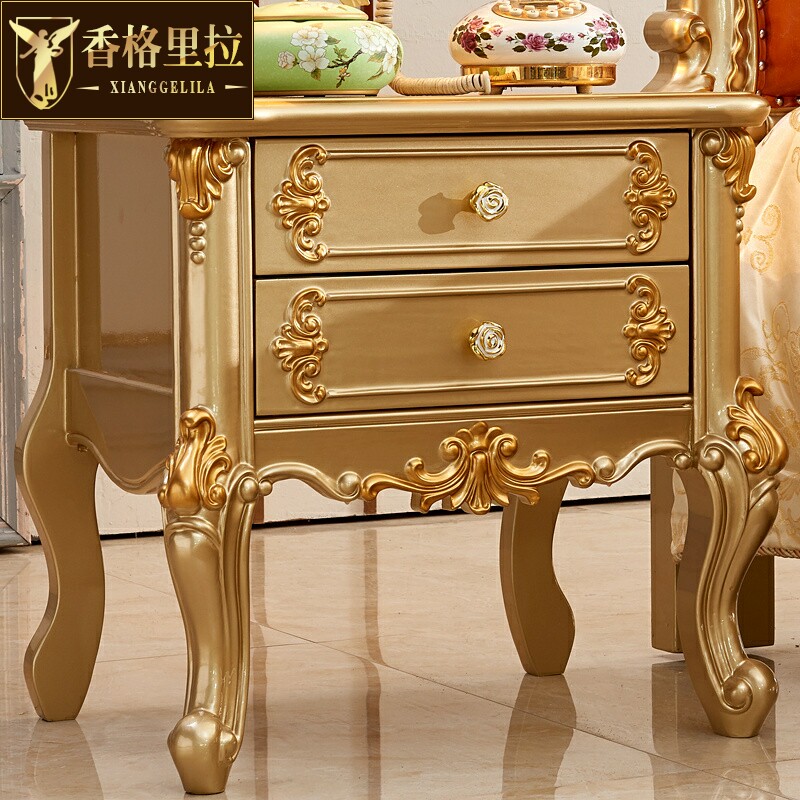 欧式床头柜美式奢华别墅卧室香槟金实木雕花边柜带抽储物柜床边柜
