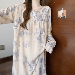 春秋季长袖防凸点睡裙女绵绸睡衣国风夏天女人造棉绸连衣裙可外穿
