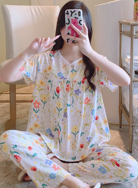 绵绸女睡衣夏天短袖长裤薄款女人造棉绸春秋大码家居服可爱卡通