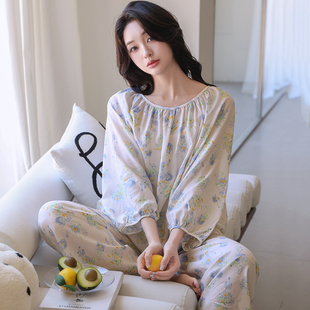 绵绸女士睡衣长袖薄款春秋季夏女人造棉绸可外穿家居服田园慵懒风