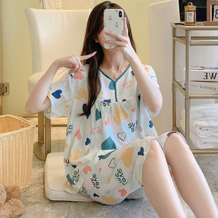 人造棉绸可外穿短袖 夏季 空调服套装 可爱薄款 家居服 绵绸睡衣女大码