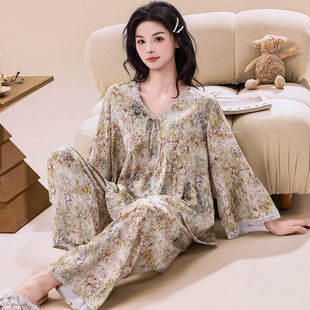 睡衣女人棉绸宽松春夏秋季七分袖家居服女士绵绸阔腿裤田园少女风