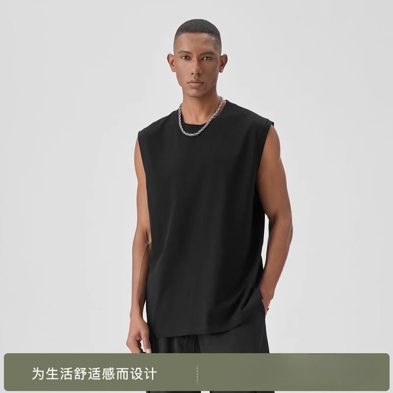 嘻哈街头春夏背心男款运动透气无袖t恤青少年健身开叉坎肩款宽松