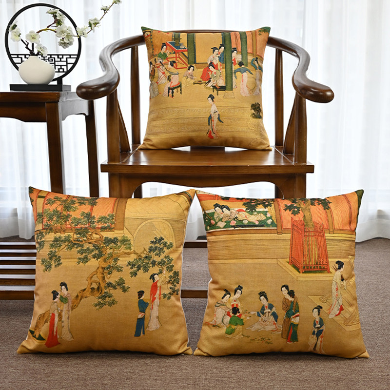 新中式抱枕汉宫春晓图仕女图靠垫茶室茶楼中国风红木椅腰枕套含芯