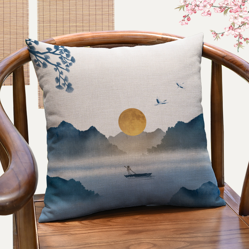 中国风水墨山水抱枕中式客厅靠垫