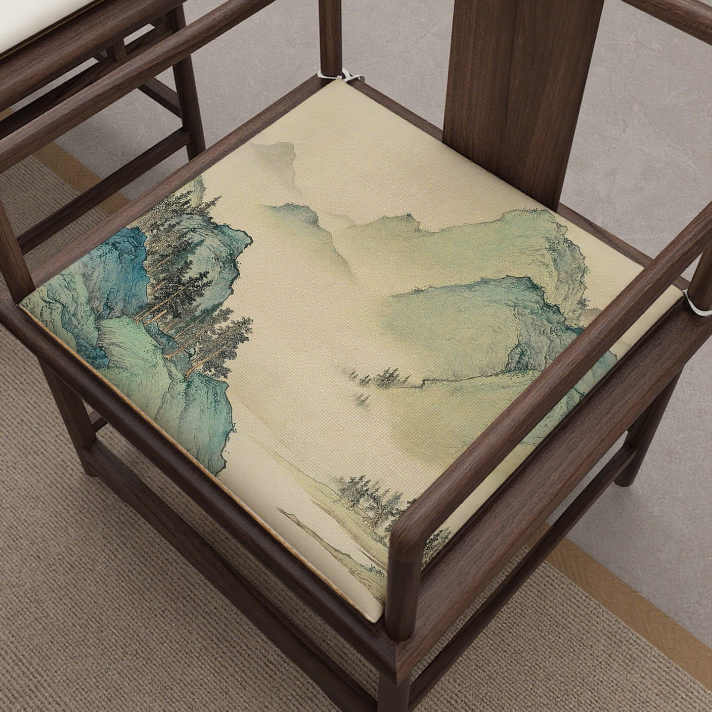 新中式青绿水墨画坐垫山水禅意餐椅垫办公室茶楼红木圈椅防滑垫子,居家布艺,椅垫,淘宝优惠券,粉丝福利购,淘宝优惠卷