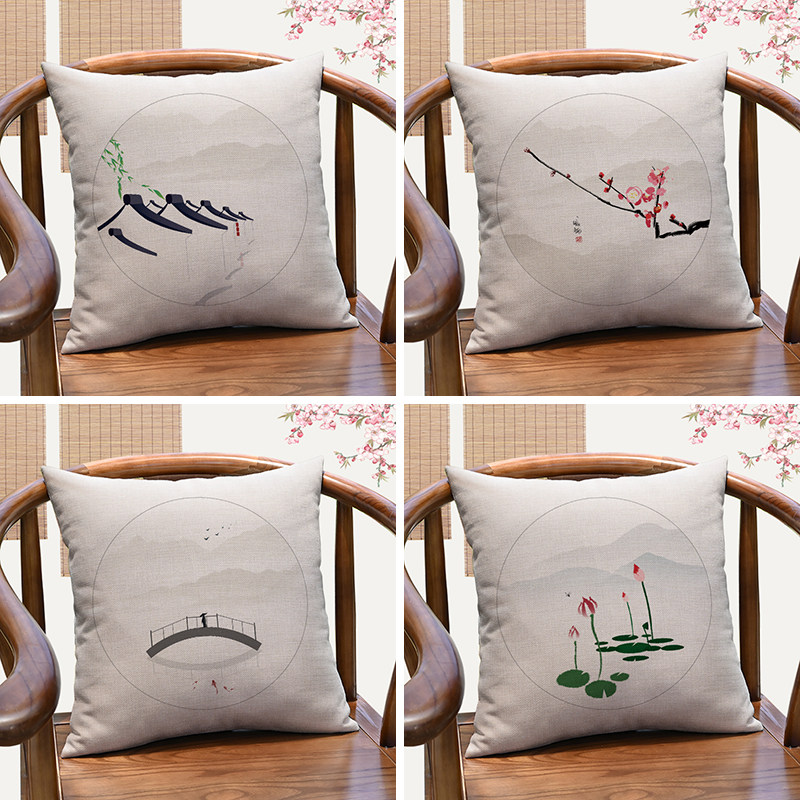 中国风意境江南水墨抱枕客厅靠垫