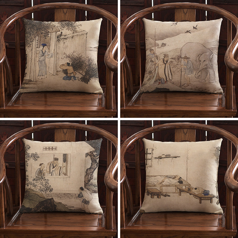 中国风传统二十四孝图抱枕客厅书房圈椅靠垫办公室茶室靠枕套含芯