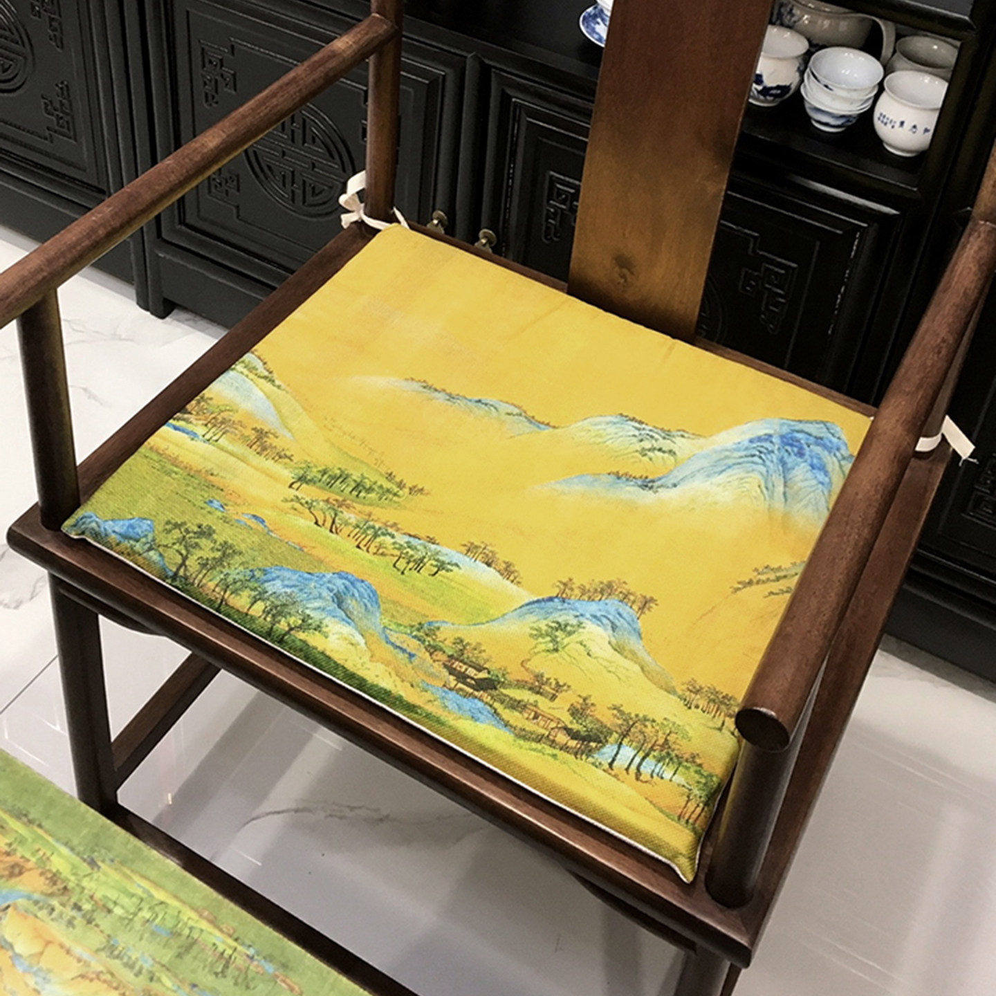 千里江山图亚麻坐垫红木椅海绵垫