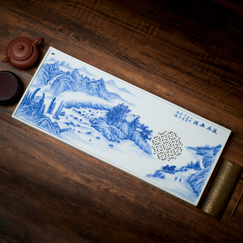 景德镇手绘青花瓷茶台干湿两用陶瓷茶盘茶托茶室办公室送排水管