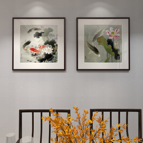 年年有鱼饭厅装饰画水墨荷花国画中式饭店挂画客厅九鱼图聚财壁画