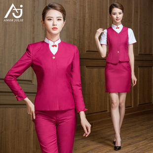酒店工作服女服务员前台经理客房气质职业套装东航空姐制服酒红色