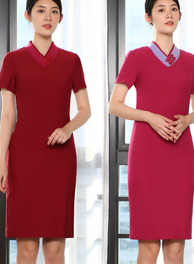 空姐制服女红色连衣裙改良款旗袍气质酒店茶楼珠宝店新中式工作服