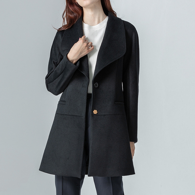 高级黑色中长款修身双面毛呢外套
