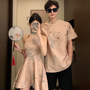 disoo情侣装春装2025夏季新款一裙一衣套装女旗袍裙男新中式衬衫