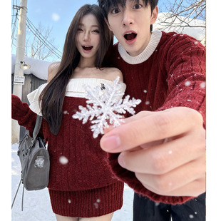 disoo情侣装冬装2025新款韩版冬季红色圣诞节套装一裙一衣毛衣