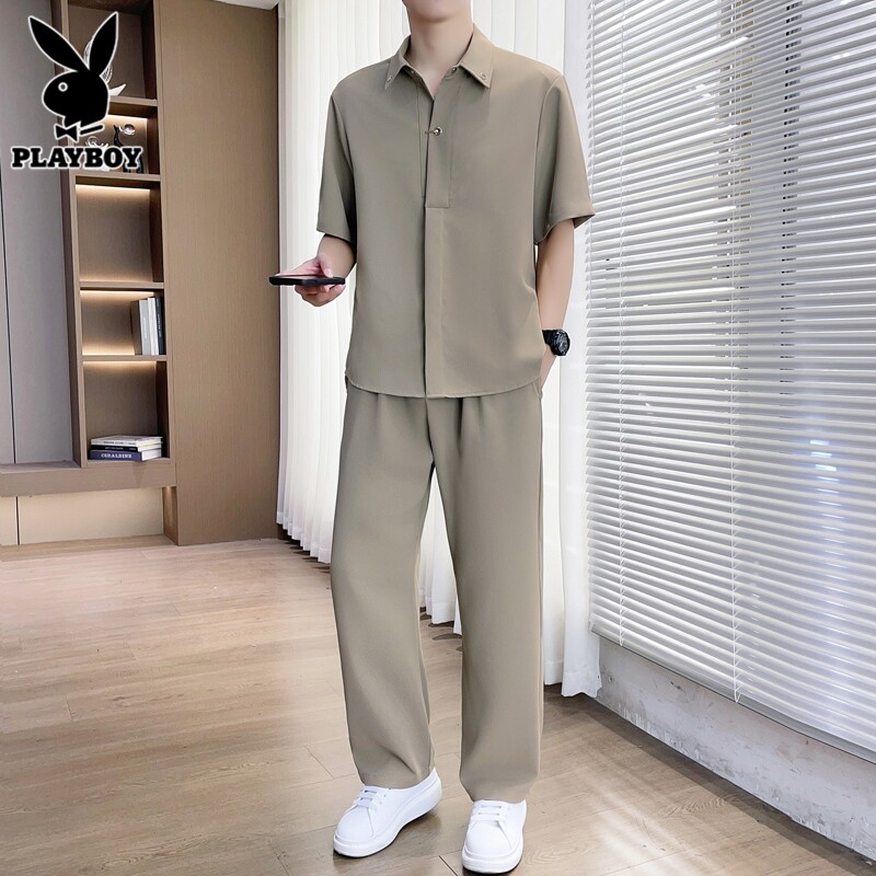 花花公子休闲运动套装男士短袖衬衫2026夏季薄款高端冰丝长裤一套