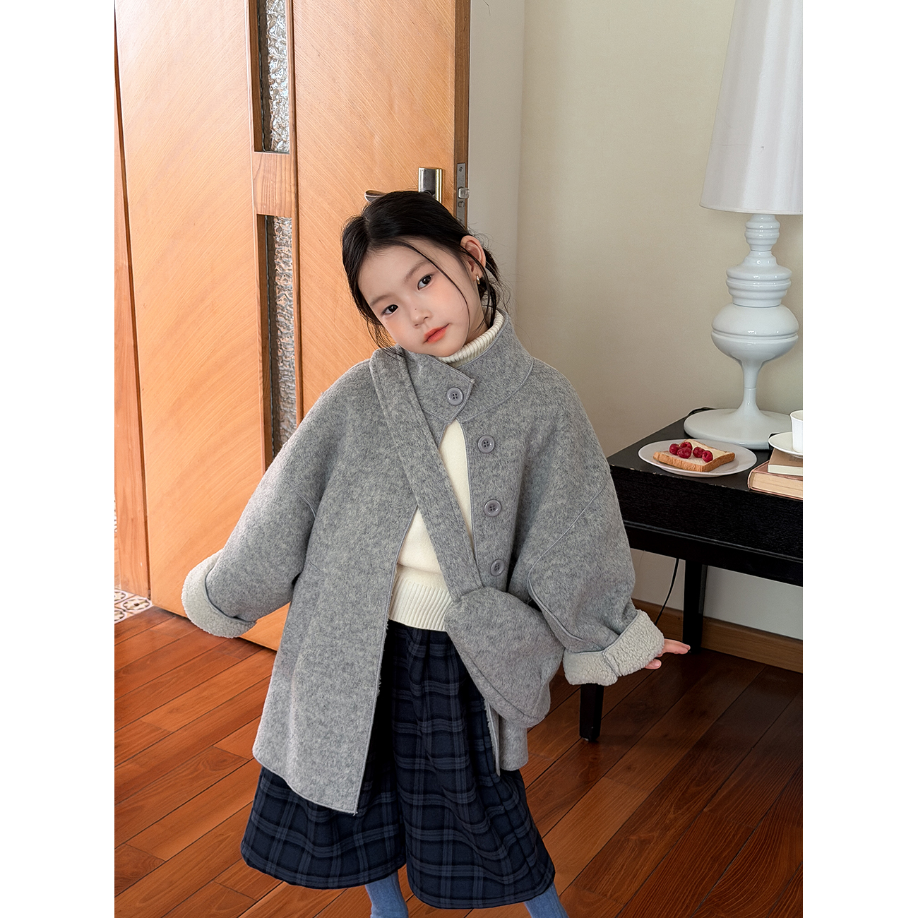 Harper kids 灰色加绒保暖毛呢外套女童秋冬设计感儿童呢子大衣