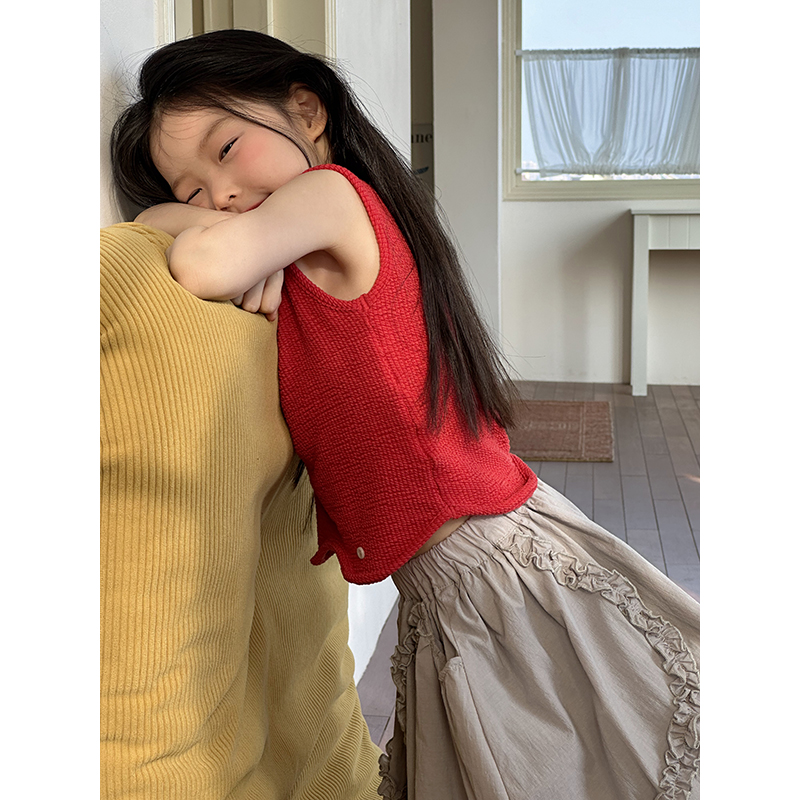 2025春夏新款韩版女童红色针织背心洋气波浪边儿童上衣无袖打底衫