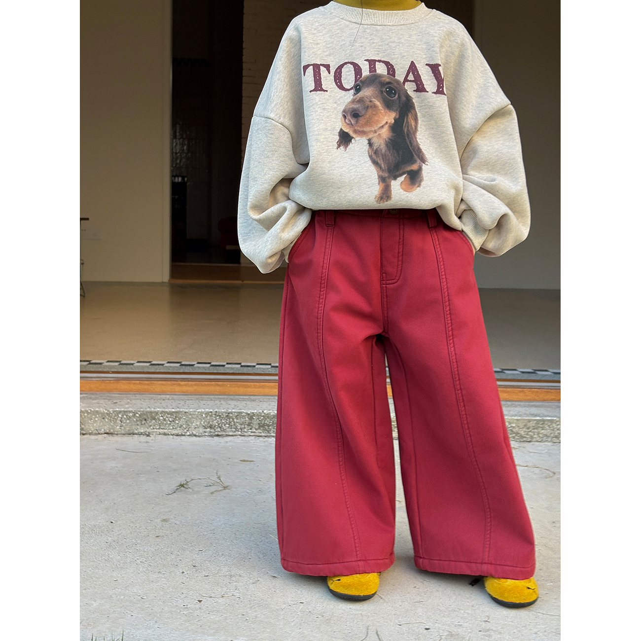 Harper kids 韩版女童洋气红色休闲薄绒阔腿裤 H25A020918