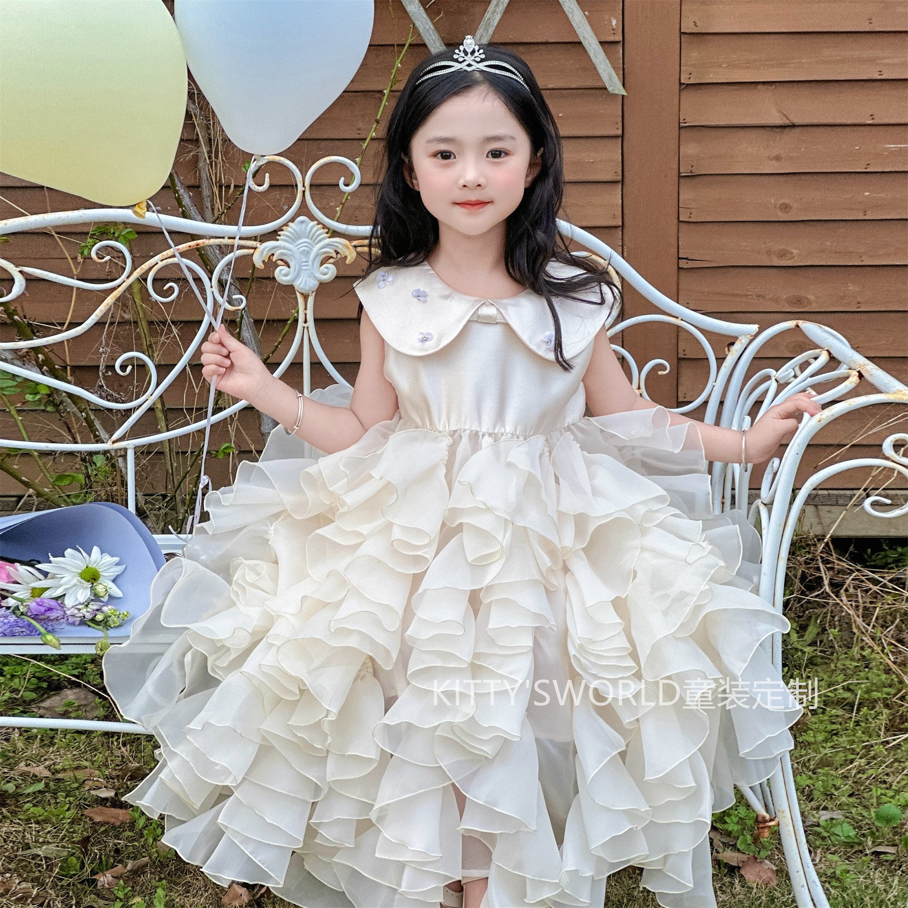 kw家女童公主裙夏娃娃领礼服蛋糕裙花童演出服香槟色蓬蓬生日礼服