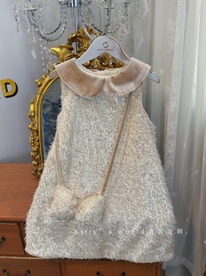 kw家女童香槟金娃娃领千金风气质背心裙秋冬生日礼服流苏公主裙