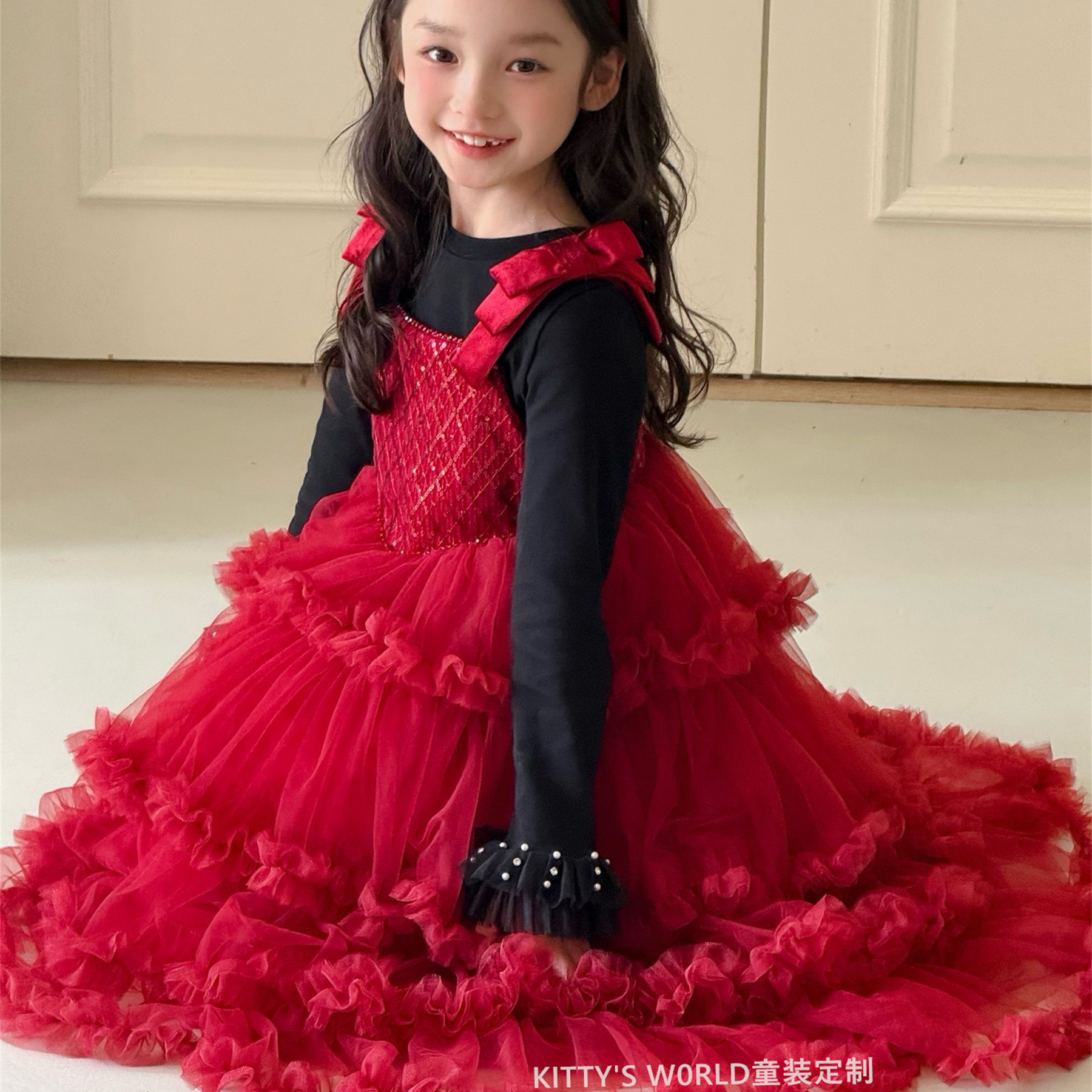 kw家红色网纱蛋糕公主裙新年圣诞荷叶边连衣裙生日礼服名媛风长裙