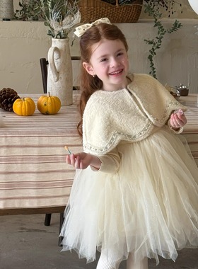 kw家女童法式斗篷披肩公主裙套装甜美气质蓬蓬网纱连衣裙生日礼服