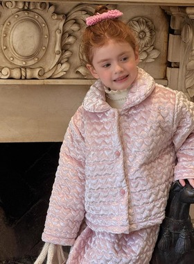 kw家女童粉色丝绒夹棉套装爱心秋冬加厚保暖棉服半身裙外套两件套