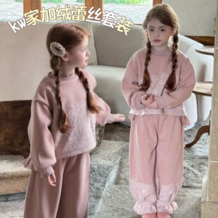 kw家女童套装加绒加厚保暖冬款蕾丝花边卫衣出库两件套粉色运动服