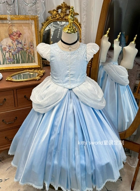 kw家女童灰姑娘辛德瑞拉公主裙夏季儿童蓝色生日长裙童话蓬蓬礼服