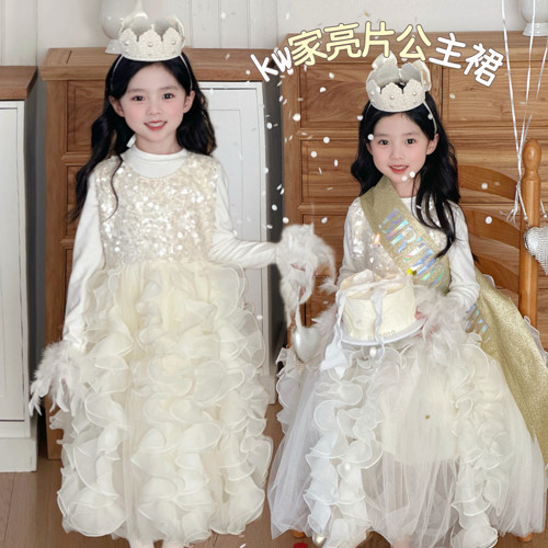 公主裙拉链亮片蓬蓬生日白色