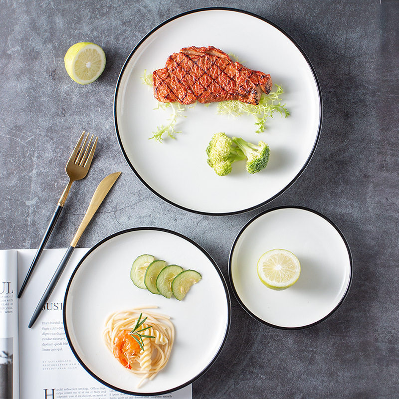 简约黑线陶瓷牛排盘西餐盘餐厅摆盘菜盘意面盘家用披萨盘早餐盘