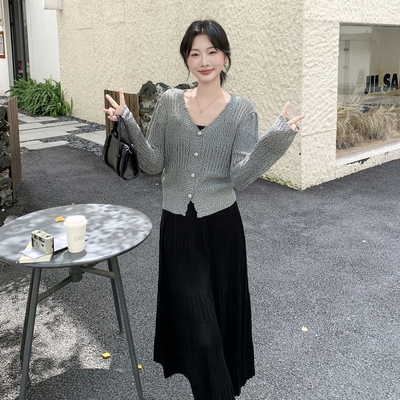 秋季长袖法式优雅风方领高腰针织连衣裙小香风女装显瘦套装