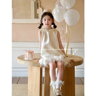 YFY女童香槟色生日裙羽毛花瓣连衣裙背心裙真丝缎面小礼服