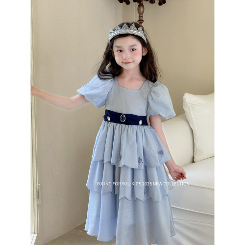 YFY夏季女童艾莎公主连衣裙公主裙生日礼服雪花刺绣宝石冰雪仙女