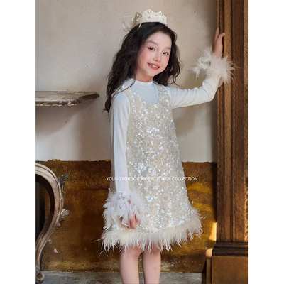YFY秋冬女童羽毛亮片裙生日礼服公主裙连衣裙背心裙仙女裙气质