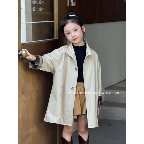 YFY女童秋英伦风休闲长款风衣外套拼色洋气外套学院风韩版女宝