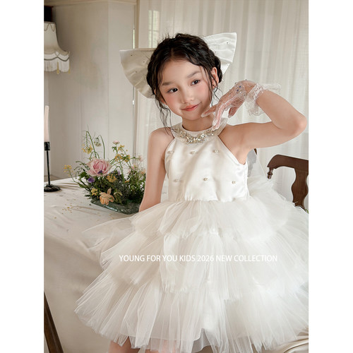 YFY白色珍珠礼赞！夏季女童网纱蛋糕连衣裙公主裙蓬蓬裙生日花童