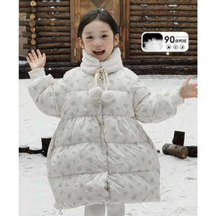 YFY冬季 三防外套公主 女童碎花90白鸭绒羽绒服加厚保暖毛领中长款