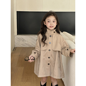 YFY秋冬女童风衣中长款 卡其色外套儿童上衣宽松英伦风大衣经典