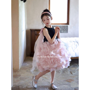 YFY夏季女童花朵连衣裙蓬蓬裙吊带蝴蝶结生日礼服公主裙花瓣