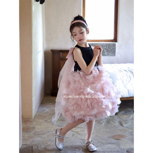 YFY夏季女童花朵连衣裙蓬蓬裙吊带蝴蝶结生日礼服公主裙花瓣