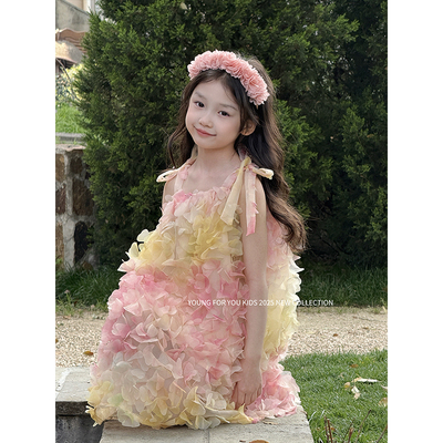 YFY夏季女童彩虹花瓣裙吊带裙背带裙度假风旅游连衣裙公主裙儿童