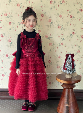 YFY秋冬女童红色蓬蓬裙tutu裙网纱亮片吊带背心裙公主裙新年圣诞