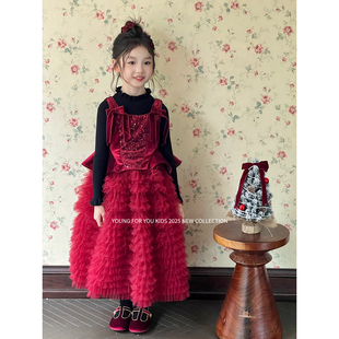 YFY秋冬女童红色蓬蓬裙tutu裙网纱亮片吊带背心裙公主裙新年圣诞