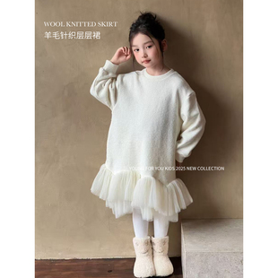 YFY秋冬女童加厚针织连衣裙网纱层层内搭毛衣裙羊毛韩版