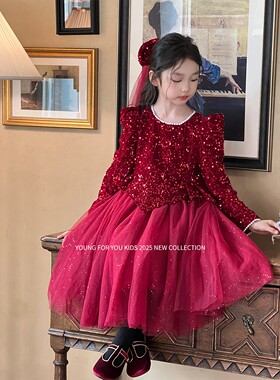 YFY秋冬女童红色亮片闪闪公主裙连衣裙圣诞新年礼服喜庆
