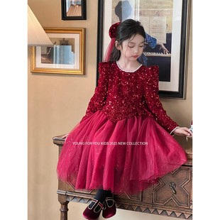 YFY秋冬女童红色亮片闪闪公主裙连衣裙圣诞新年礼服喜庆